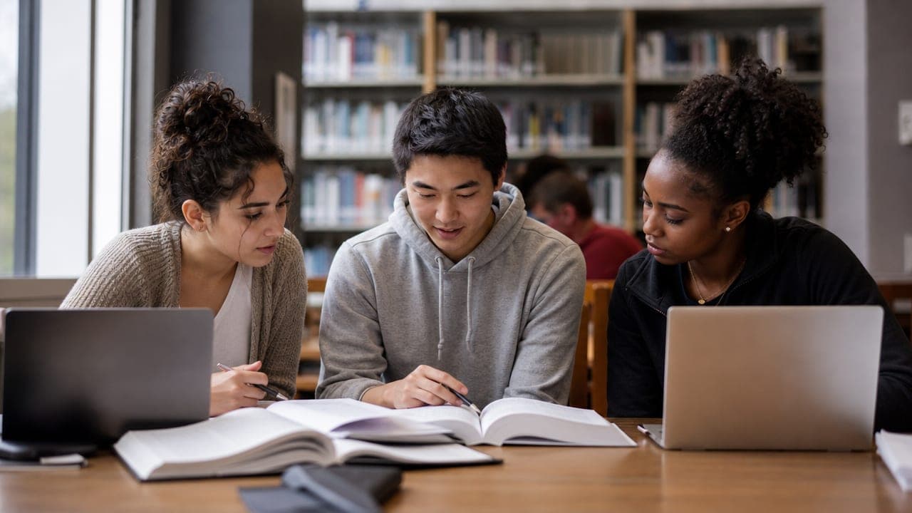 Three college students studying together at a library table, laptops open and a textbook between them